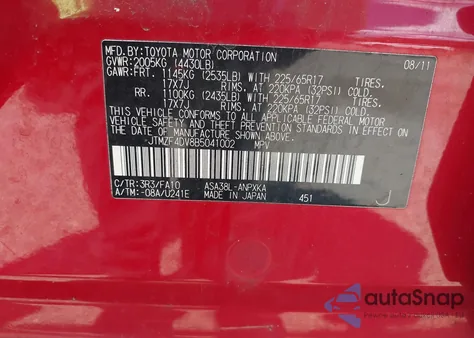 2011 Toyota Rav4 from USA, damaged, VIN JTMZF4DV8B5041002
